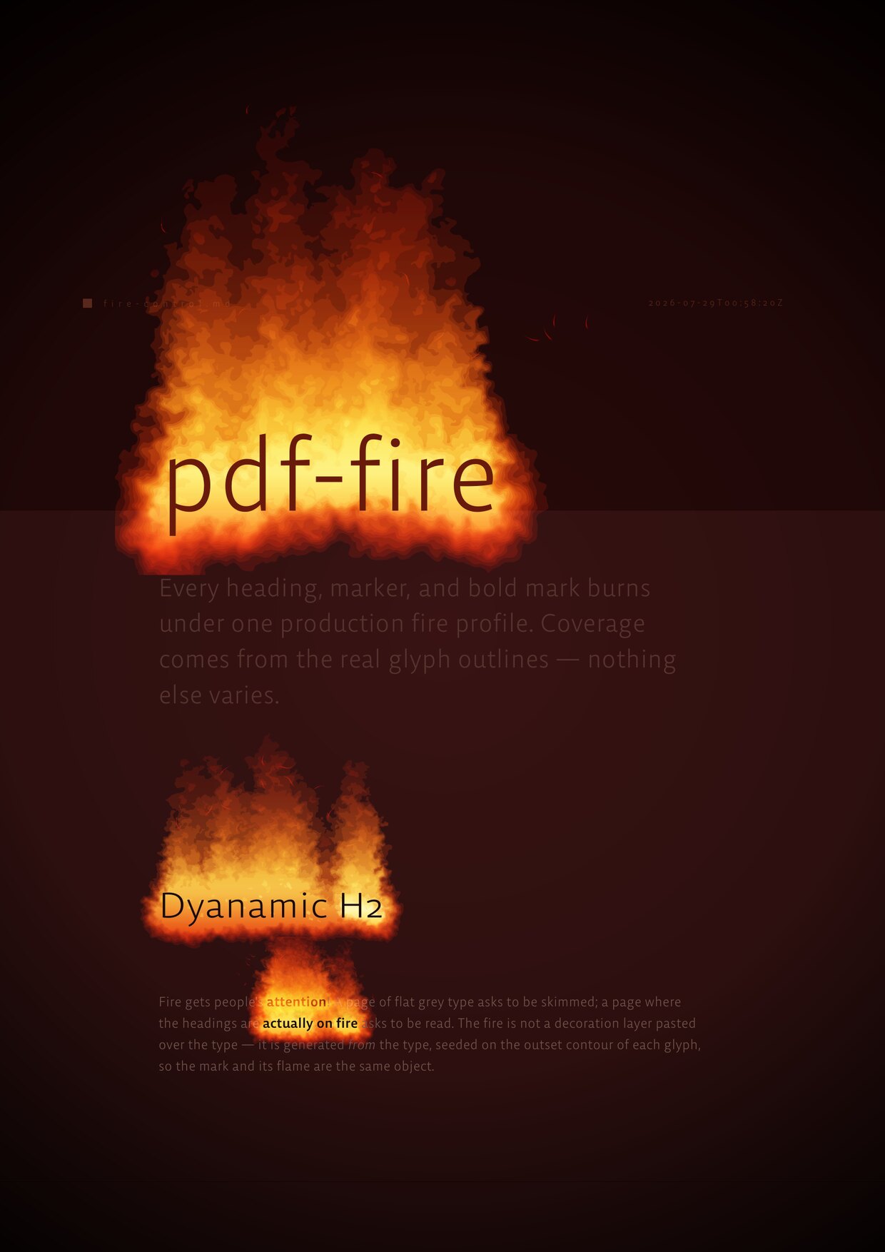 pdf-fire — fire-control.md page 1: the h1 pdf-fire burning above its own flame