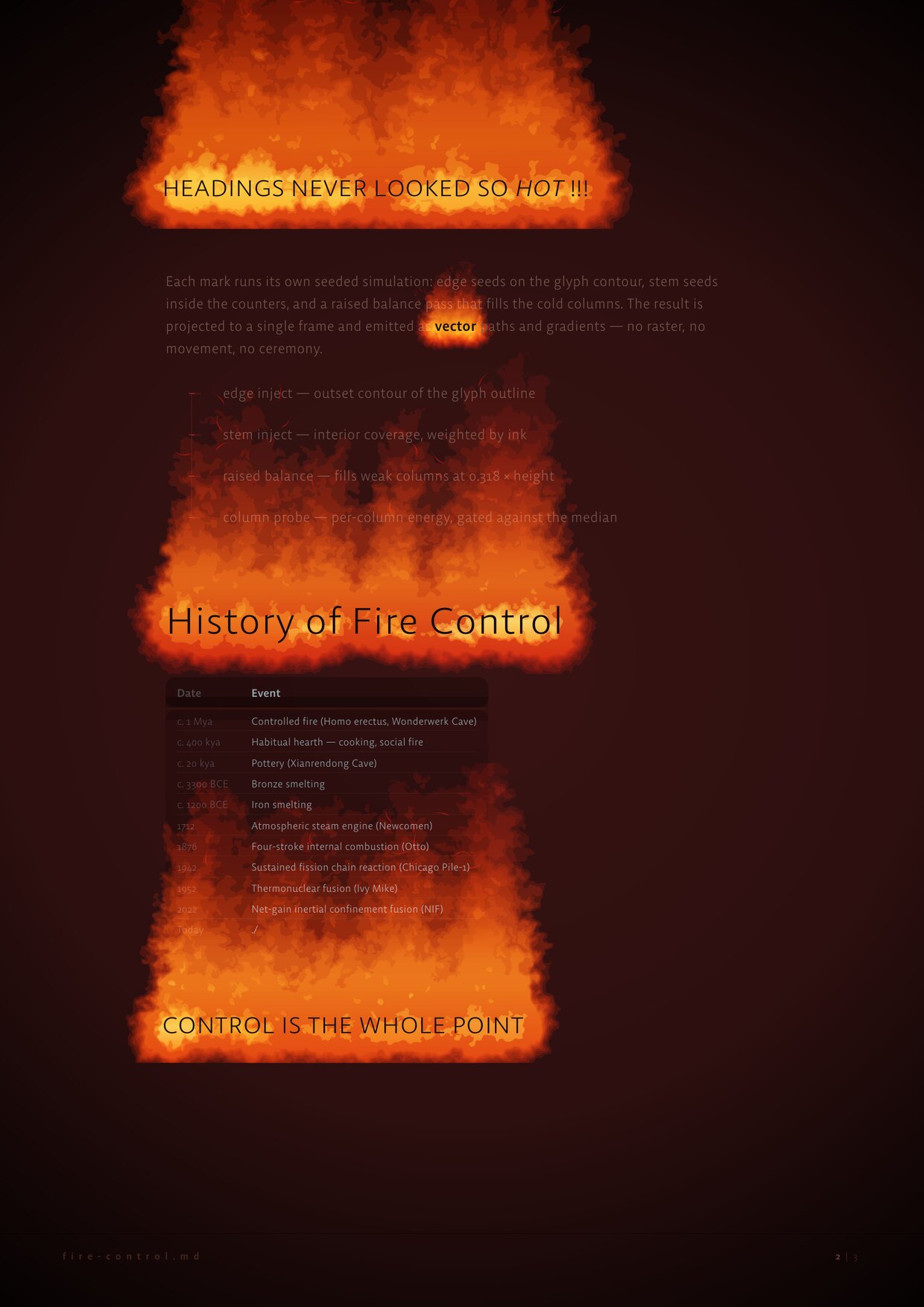 pdf-fire — fire-control.md page 2: an H3, a history-of-fire-control table, and a second heading, each carrying its own flame