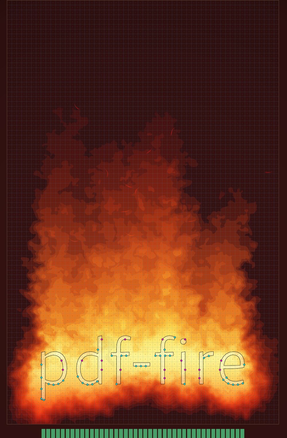 The full simulation domain: a blue lattice over the fire column, with cyan, magenta and white seed markers along the word “pdf-fire”