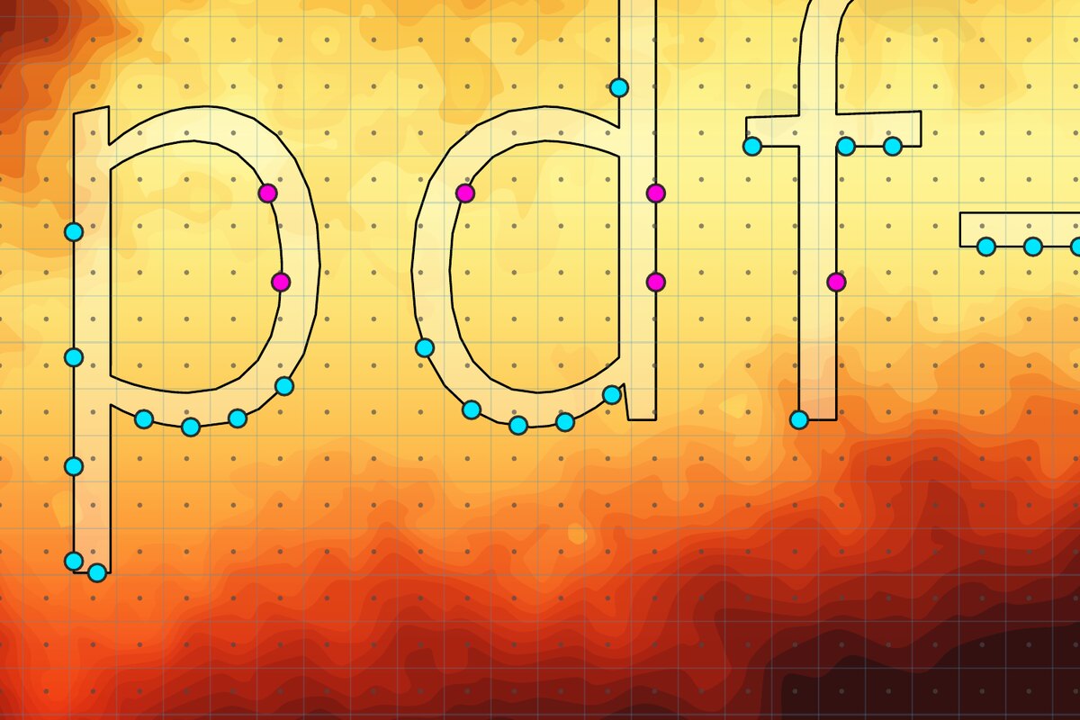 High magnification of the letters p, d and f showing the emitter contour offset outward from the glyph edge