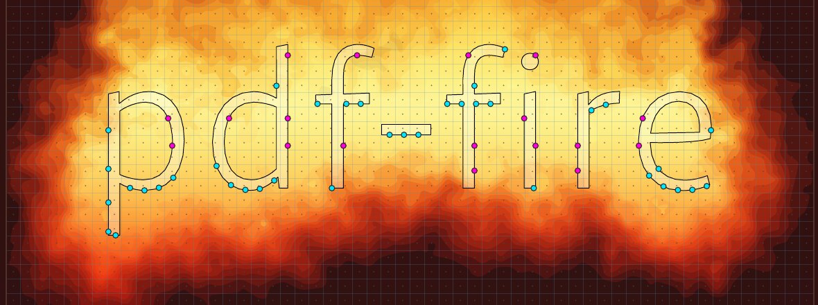 The word “pdf-fire” traced by a black outline over the fire field, with cyan and magenta seed dots on the contour