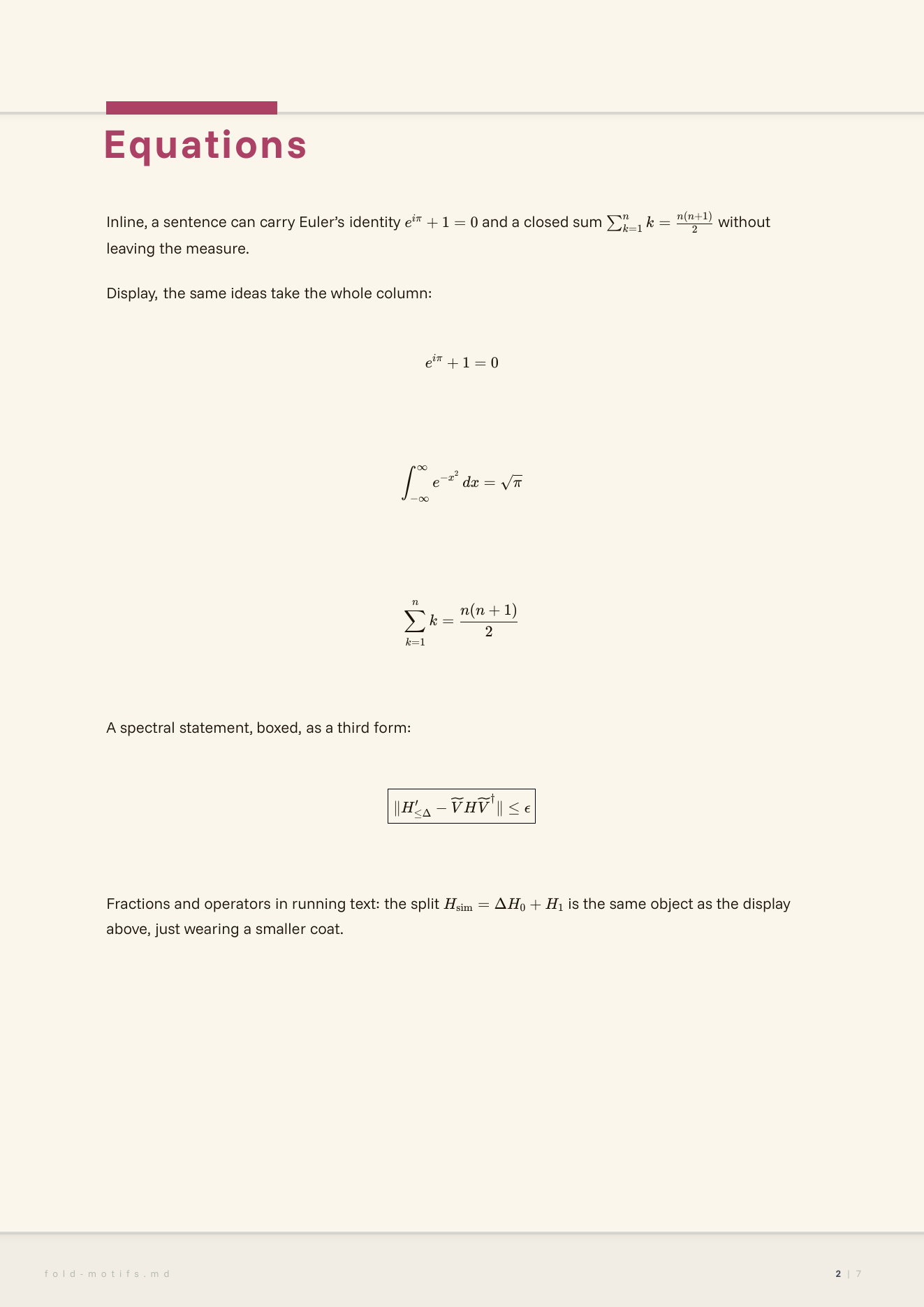 the-fold equation forms: inline Euler and sum, display identities, boxed spectral bound